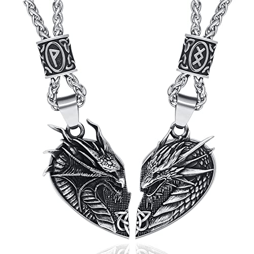 Matching Dragon Necklace Couples Viking Heart Necklace Jewelry for Men Women with Rune Beads