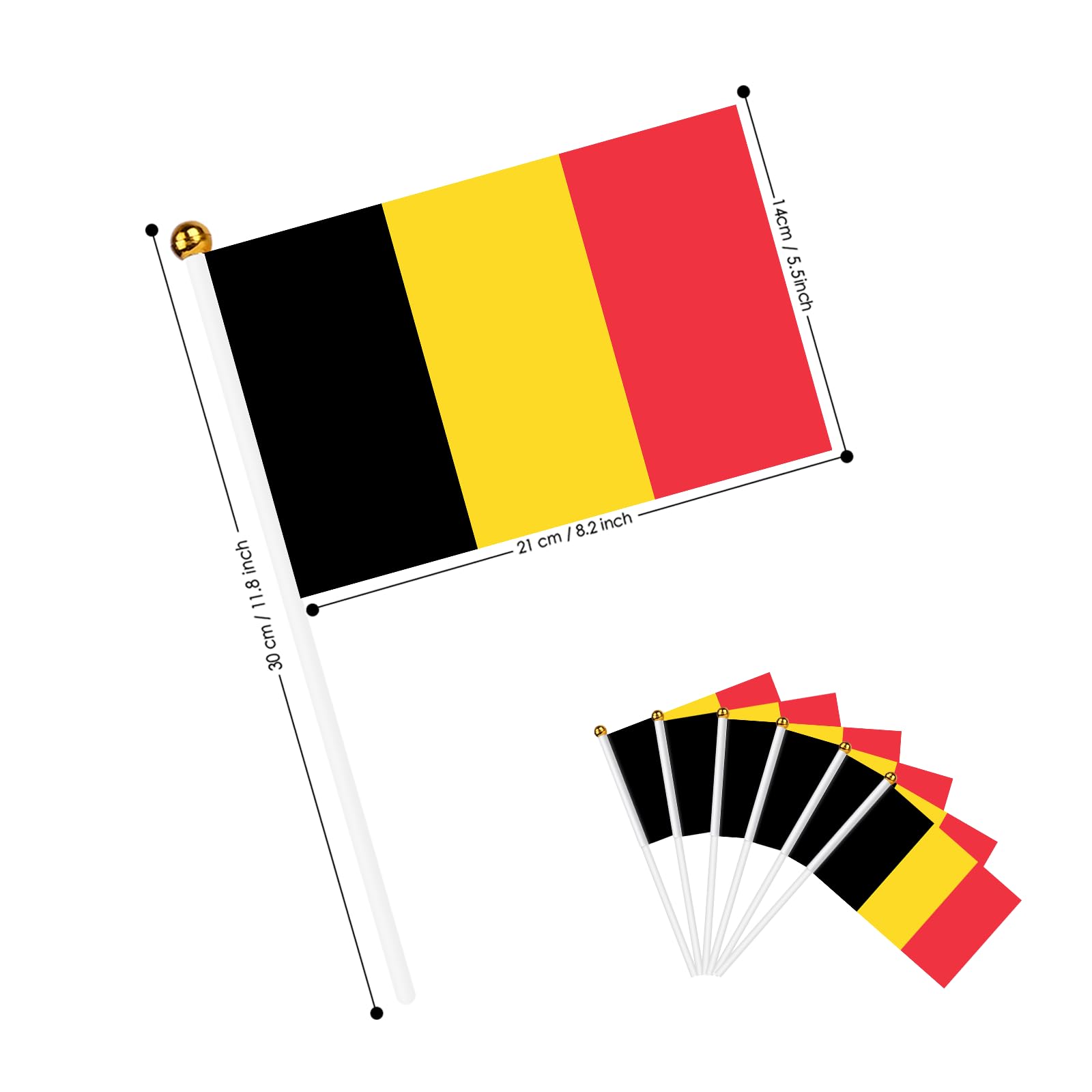 AhfuLife 30pcs Belgium Flags on Sticks for Party Decorations 14 x 21cm Hand Held Belgian Small Flags with 30cm White Pole for National Day World Cup Euro Football Garden Street Home Decorations - Image 2