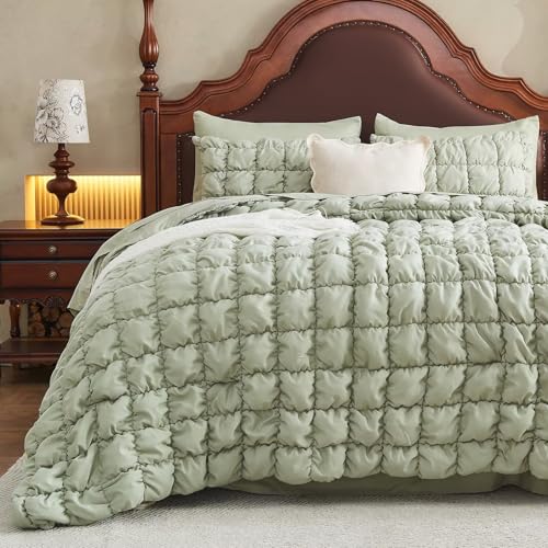 Image of Green Comforter Set King Size Bed in A Bag 7 Piece Pinch Pleat Bedding Set, Pintuck Ruched Square Bed Set with Comforter, Sheets, Pillowcases & Shams