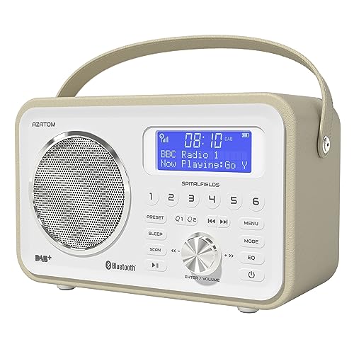 Spitalfields 2 Retro DAB/DAB+ Digital FM Portable Radio | Alarm Clock | Bluetooth 5.0 | Leather Effect Finish | Mains Powered | Rechargable Battery | Subwoofer | Premium Stereo Sound (White)