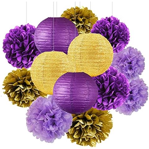 Graduation Decorations Purple Gold 2025 Furuix Purple Gold Birthday Party Decorations Glitter Gold/Purple Paper Lanterns Purple Birthday/Baby Shower/ Bridal Shower/Wedding Decorations/Lsu Decorations Cover
