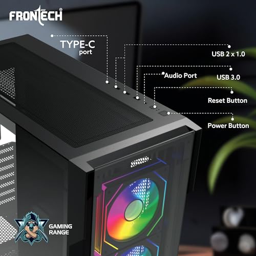 Image of FRONTECH QUADRA Gaming Computer Cabinet |120mm ARGB Fans | Washable Dust Filter | Tempered Glass Side Panel | USB 3.0, USB 1.0, Type-C, HD Audio /Mic | ATX /MATX Motherboard Support (FT-4385)