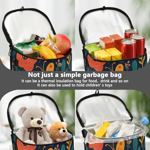 Image of Flowers Car Trash Can with Lid Leak Proof Car Trash Bag Waterproof Car Garbage Can, Multipurpose Trash Bin Hanging for Minivan SUV Truck