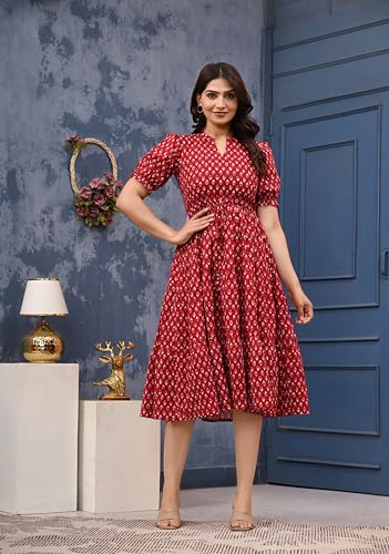 Image of LABEL ADRIJA Pure Cotton Calf Length Midi Dress for Women Floral Print | Flared Anarkali Dress Puff Sleeves