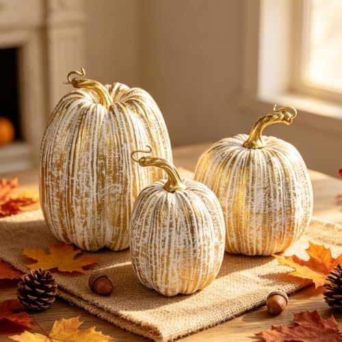 Image of winemana Gold Pumpkins Fall Decor Large Artificial Foam Pumpkin, 3 Pack