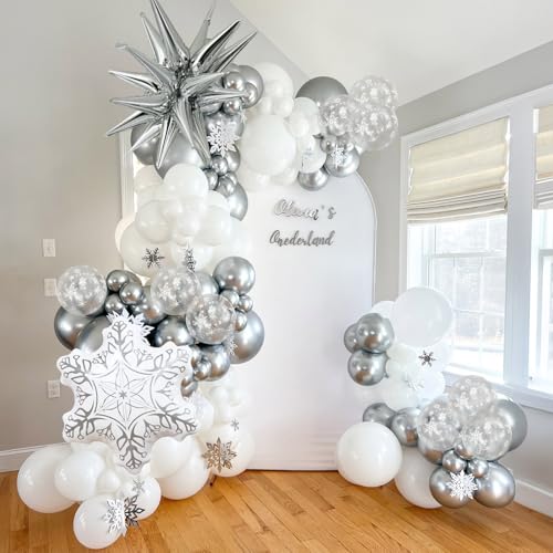 Image of White Silver Snowflake Christmas Balloons, Ice Snow Winter Party Balloons