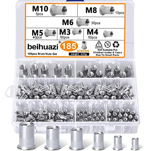 beihuazi® Nietmuttern Gewindenieten M3 M4 M5 M6 M8 M10 Blindnietmutter 304 Edelstahl Einnietmuttern Set(185PCS 6 Types)