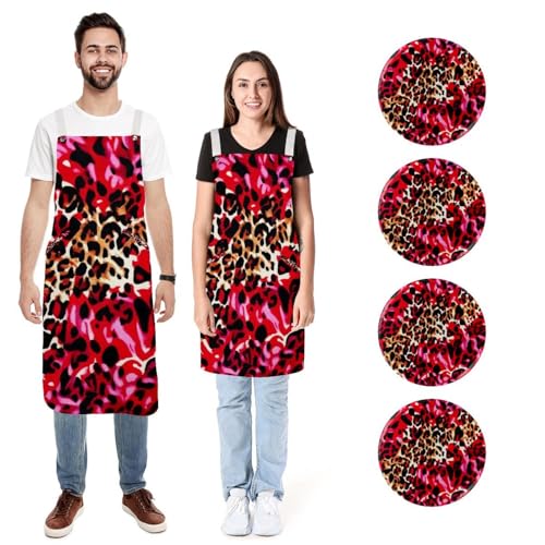 Tabliers de cuisine léopard rouge abstrait - Lot de 2 tabliers imperméables avec poches