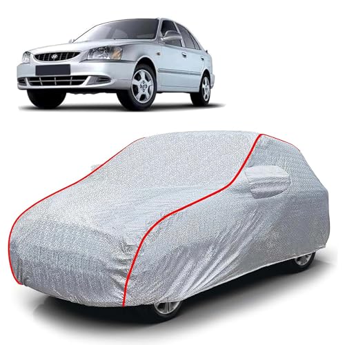 Image of Sulfar 100% Waterproof Car Body Cover Compatible with Mirror for Hyundai Accent Viva (Triple Stitched, Full Bottom Elastic, Magic Silver with Red Piping)