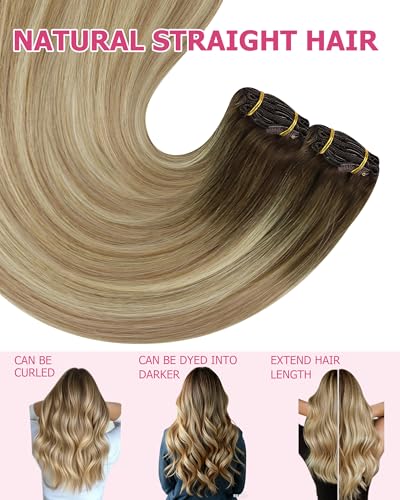 Image of YoungSee Balayage Hair Extensions Clip ins Real Human Hair Clip in Extensions Ease of Use for Beginners Clip in Human Hair Extension Walnut Brown Ombre Light Brown with Blonde 24 Inch 120G 7Pcs