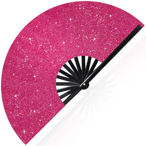 Image of Vercraft 13'' Large Rave Fan for Women Rave Accessories Festival Outfits Glitter Hand Folding Clack Fan for Line Dancing EDM Music Festival Outfits(Rose Gold)