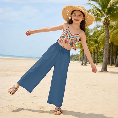 Image of Rolanko Girls Wide Leg Linen Pants Breathable Flowy Palazzo Trousers for School Beach Daily Wear 9-15 Years