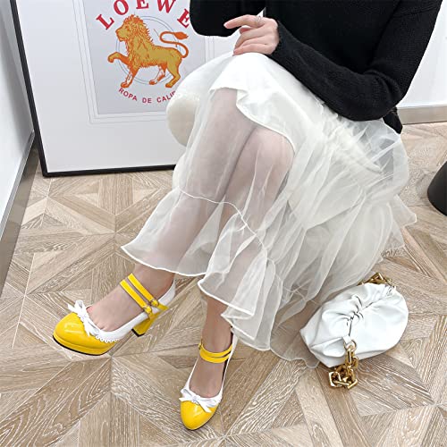 Image of Mary Jane Shoes Women Platform High Heels Lolita Cute Bow Pumps Round Toe Kawaii Shoes Yellow