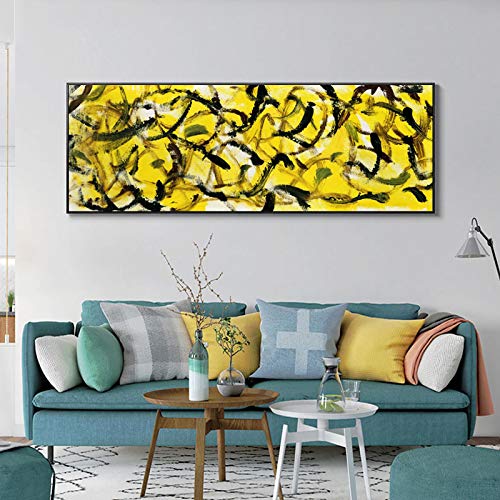 Tableau moderne pour salon : art abstrait sur toile jaune et noire 50x150cm