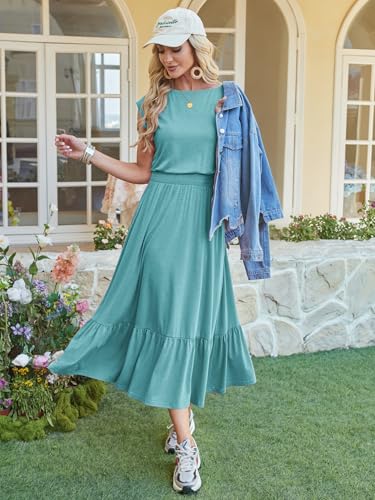 Image of Kikibell Womens Summer Dresses Cap Sleeve Elastic Waist Midi Dress with Pocket Long Causal Sundress Beach Vacation Outfits