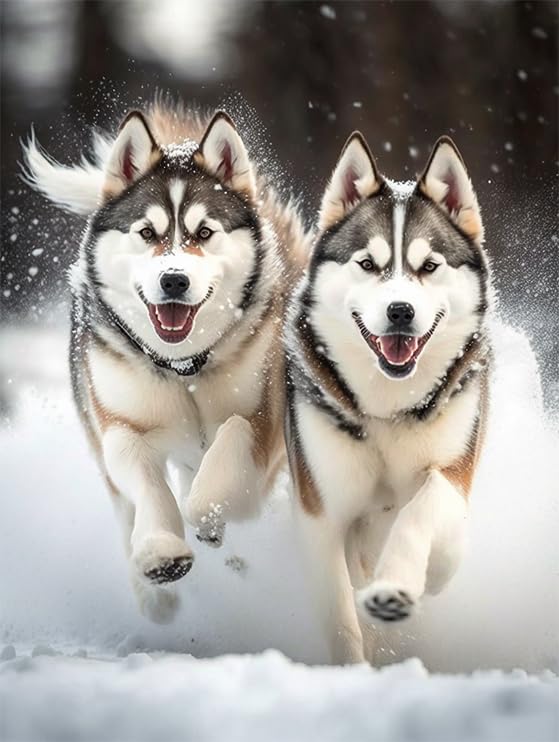 Directo Diamond Painting Kits for Adults,Two Siberian Huskies Running in The Snow 5D DIY Diamond Art Kits Full Drill Diamond for Gift Wall Decor Gem