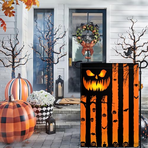 Halloween Garden Flag for Outside 12×18 Inch Double Sided Scary Pumpkin Garden Flag Skeleton American Flag for Indoor House Outdoor Yard Holiday Decor