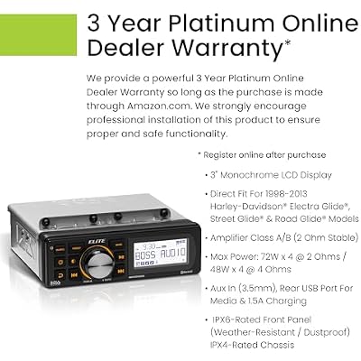 جهاز استقبال بلوتوث مضخم من BOSS Audio Systems BEHDIN98 Harley Davidson يناسب مباشرة طرازات 1998-2013 Electra Glide وRoad Glide، وشاشة LCD أحادية اللون مقاس 3 بوصات، ولوحة مقاومة للعوامل الجوية IPX6 وهيكل IPX4