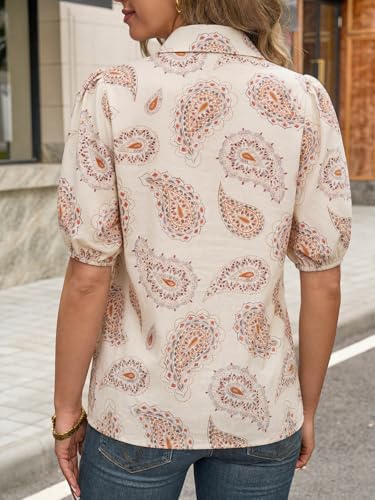 Image of Tankaneo Women's Button Down Shirts Short Puff Sleeve Collared Dressy Casual Blouse Tops