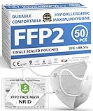 FFP2 NR D Masks Pack of 50 - UKCA certified, controlled supply chain, comfortable, hypoallergenic, and adjustable elastic bands. Safe: filtration in wear simulation 99,5%. Single sealed pouches