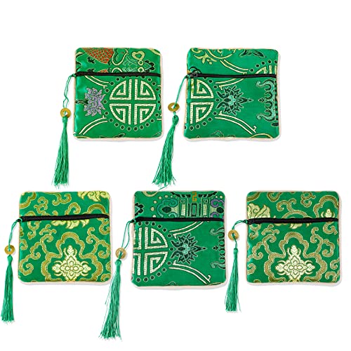 5PCS Jewelry Silk Purse Pouch, Chinese Silk Style Zipper Brocade Embroidered Bag for Women Coin Wallet (Green) - Main Image