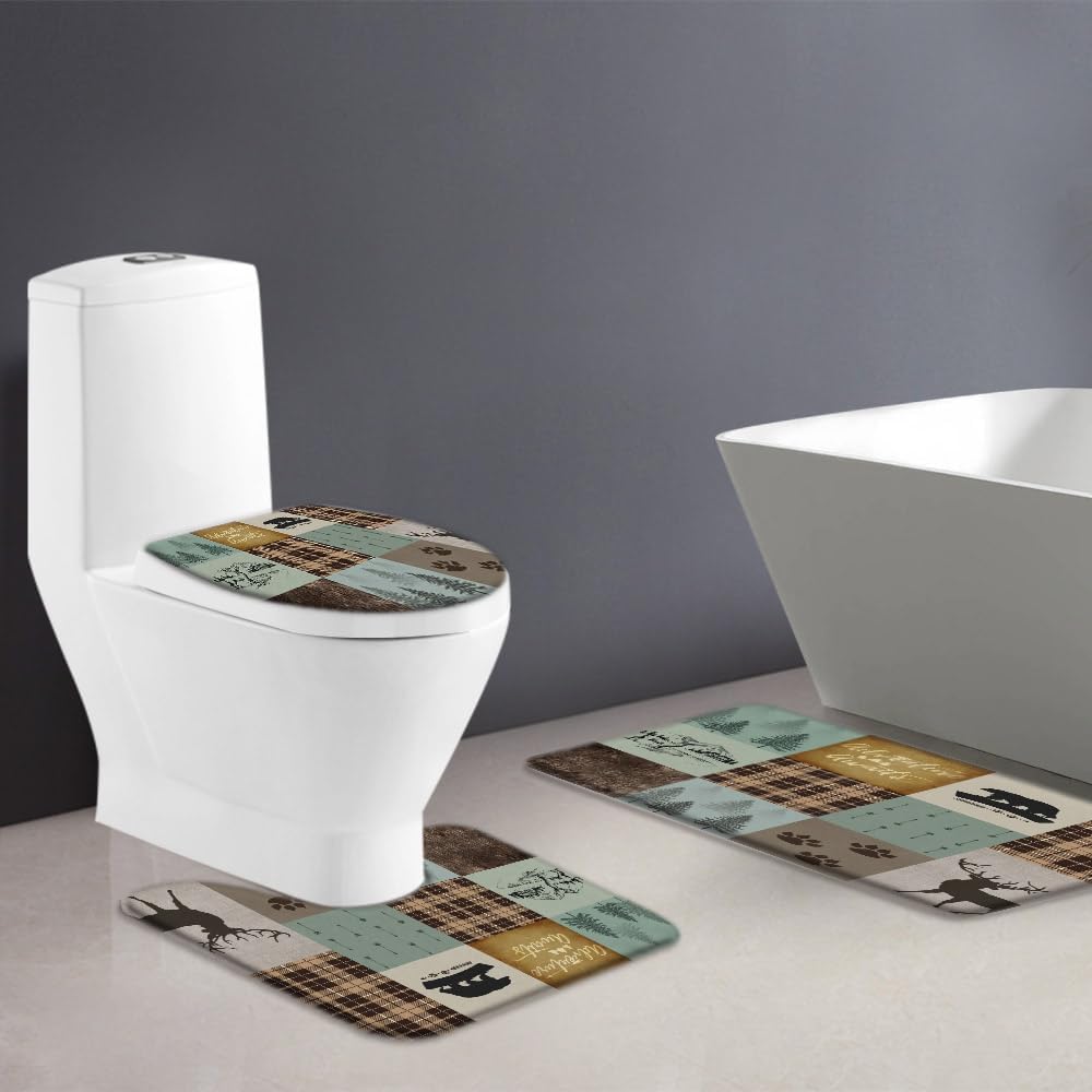 Rustic Cabin 3 Piece Bath Rug Sets, Wildlife Bear Deer Tree Plaid ...