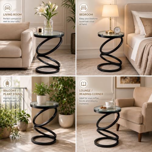 Image of Modern Black Side Table with Glass Top, Round End Table for Living Room & Bedroom
