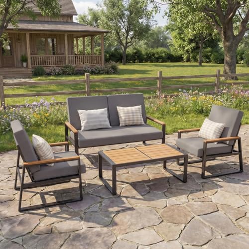 Gizoon 4-Piece Outdoor Patio Furniture Set with Coffee Table and Removable Cushions, Metal Patio Conversation Set for Family, Yard, Poolside (Gray)