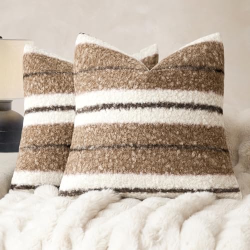Image of Foindtower Pack of 2 Soft Faux Fur Boucle Throw Decorative Pillow Covers Fuzzy Accent Striped Cushion Sherpa Boho Farmhouse Pillowcase for Couch Sofa Bed Living Room Home Decor 20x20 Inch,Cocoa Brown