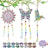 Diamond Painting Sonnenfänger Windspiel Bastelset Kinder, DIY 5D Diamond Painting Anhänger, 3 stück Doppelseitiges Diamond Painting Set Basteln für Mädchen Geschenke (Schmetterling+Vogel+Sonne)
