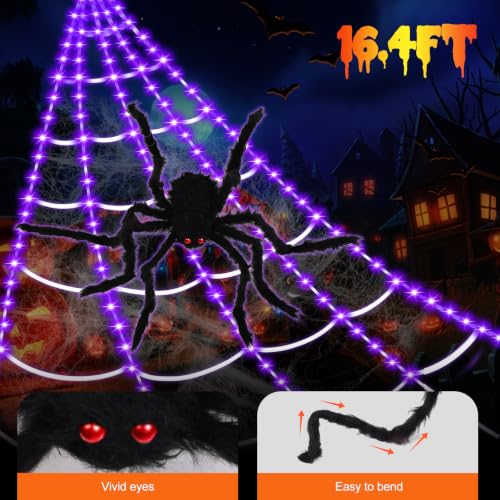 Spider Webs Halloween Decorations,16.4Ft 8Modes Super Bright 250LED Halloween Lights with Remote Control,49'' Giant Super-Realistic Spider,Outdoor Decorations for Yard,Outside - image 2