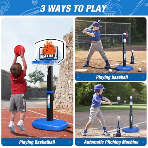 Wee Wonders 2 in 1 Toddler Basketball Hoop and T Ball Set with Automatic Pitching Machine - Adjustable Height, Kids Basketball Hoop Suit for Indoor/Outdoor, Sport Toys Gifts for Boys Age 3-5, Black