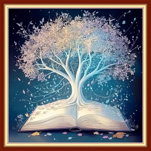Image of Redxing Stamped Cross Stitch Kits Embroidery kit for Beginners Adults Full Range of Embroidery Patterns Starter Kits DIY Printed Cross Stitch Kits Needlepoint Kits 11CT-White Tree Book 18x18 inchs