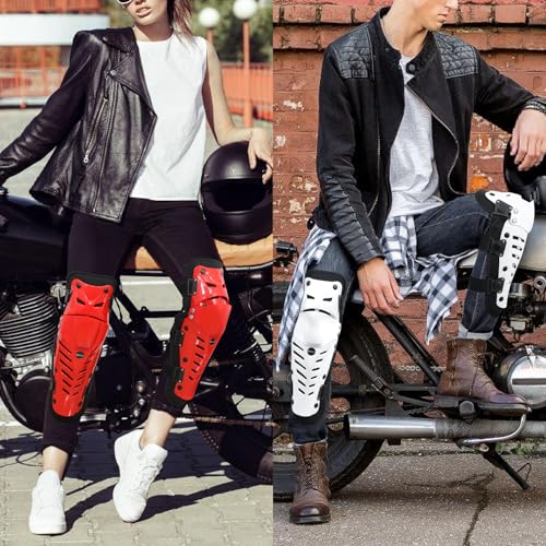 WEWAYSTEP Knee Shin Guards Motorcycle Protective Gear, Knee Pads 3 Sections Adjustable Leg Armor Crashproof 1 Pair, Motocross Gear for Men MTB Riding Mountain (White, Regular)