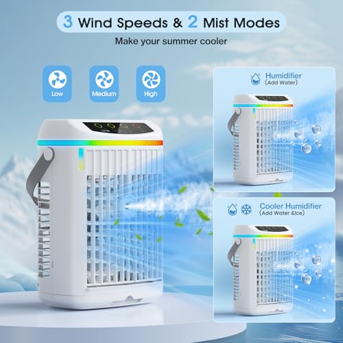 Lomffy Mobile Klimageräte mit Fernbedienung, 4 in 1 Mini Luftkühler mit 1000ML Verdunstungsluftkühler mit 3 Windgeschwindigkeiten, 2 Nebelmodi, 1- 4H Timer & 7 Farben Nachtlicht für Zimmer u-4