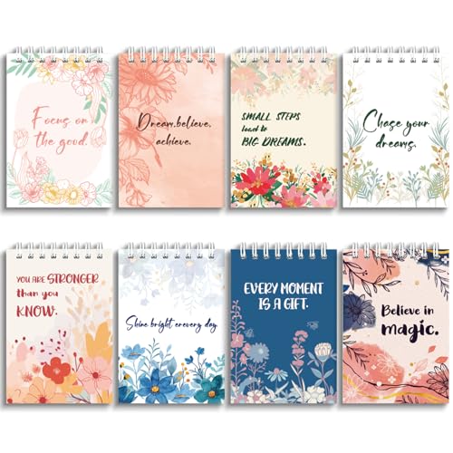 Eight floral-print 3x5 spiral notebooks with quote covers — the cheapest entry point in this comparison.