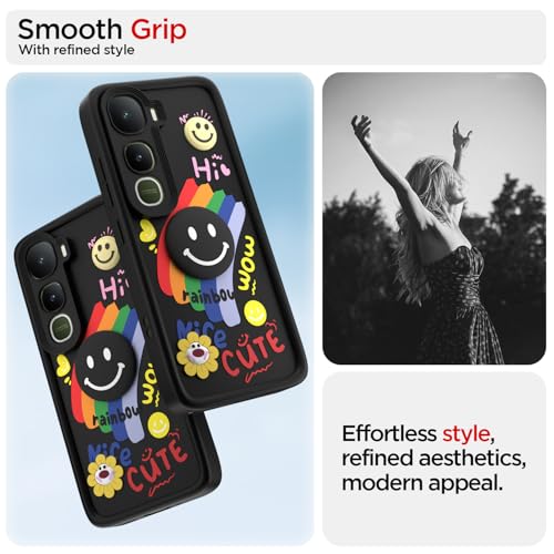 Image of Pikkme Back Cover for Vivo Y400 Pro 5G | Soft Silicone| Cute Rainbow Smile & 3D Cartoon Flower Design | Shockproof Raised Camera Protection Bumper Case (Black)