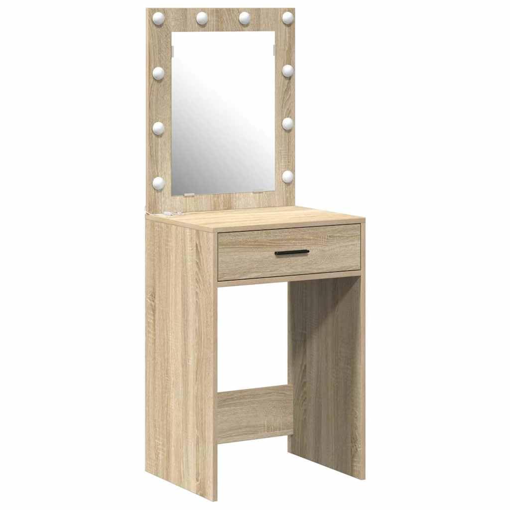 Nowoczesna toaletka dąb Sonoma z płaskim lustrem i oświetleniem LED, materiał drewnopochodny 50 x 41 x 135 cm, 2 szuflady, praktyczny stół do makijażu do sypialni i garderoby
