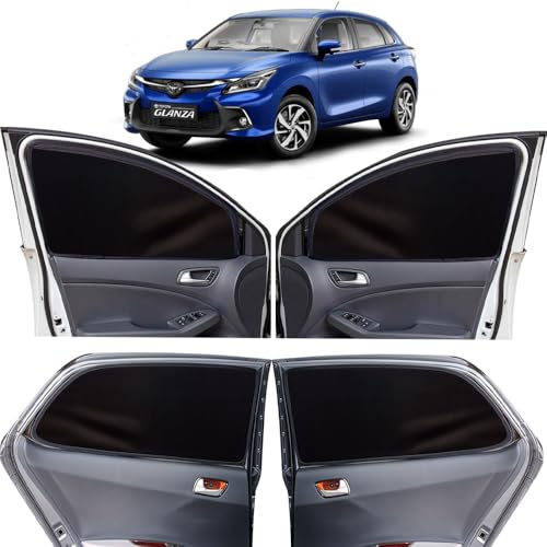 Image of OTO2EYE Car Sun Shade Compatible for Toyota Glanza Model 2022 to 2025, Z-Black Super Magnetic Grip, Front Window Zipper, Side Window Curtains, 4 Pieces Set