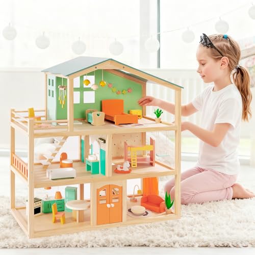 Giant bean Large Wooden Dollhouse with 32 Pcs Furniture Accessories, 3-Story Doll House 5 Rooms Balcony Wooden Stairs, Ideal Dollhouse Toy for Kids Ages 3+, 30" H x 28" L x 13" W