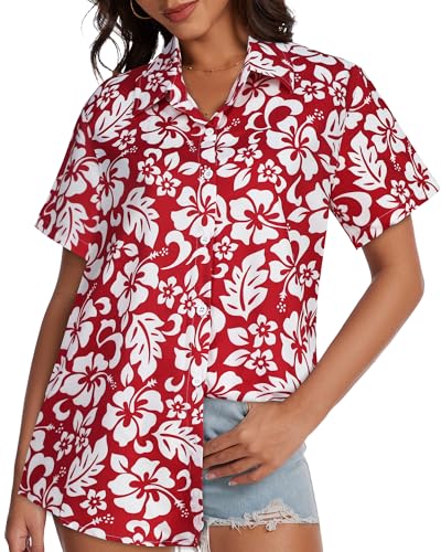 Image of Women Hawaiian Shirt Button Down Summer Tops Beach Short Sleeve Blouse