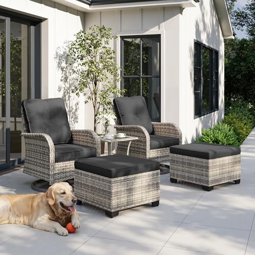 Image of 3-Piece Small Patio Furniture Set, Outdoor Swivel Rocking Chairs Set with Wicker Chairs and Tempered Glass Side Table, Outdoor Furniture Patio Bistro Set for Balcony, Deck, Porch