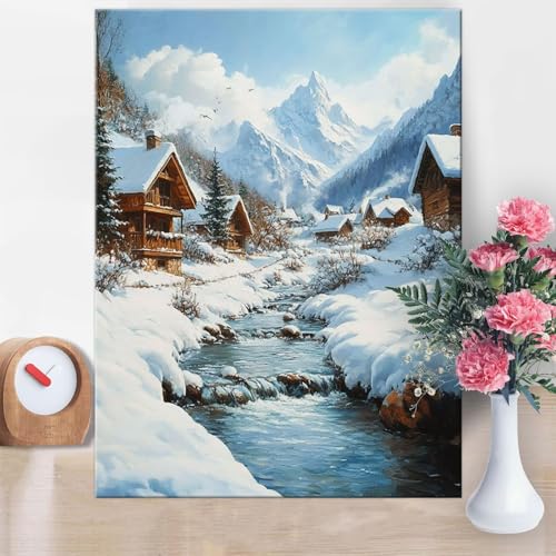 Pintar por Numeros Adultos Montaña nevada Pintar por Numeros Cabina DIY Painting by Numbers Kits para Niños Oadultos Principiantes con Pinceles y Acrílicas para Decoración Pared Hogar 50x70cm W1-156
