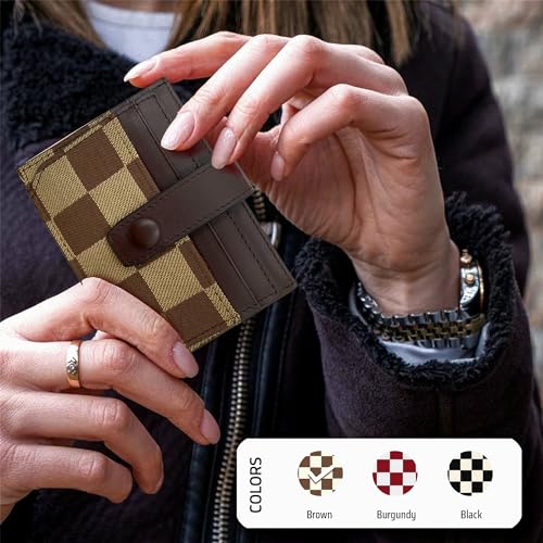 VLYRN Slim Card Holder | Bifold Checkered Wallet, Genuine Leather & Canvas Fabric with ID Window | Small Credit Card Case for Women (8 slots total - 1 card/slot) (Brown)4