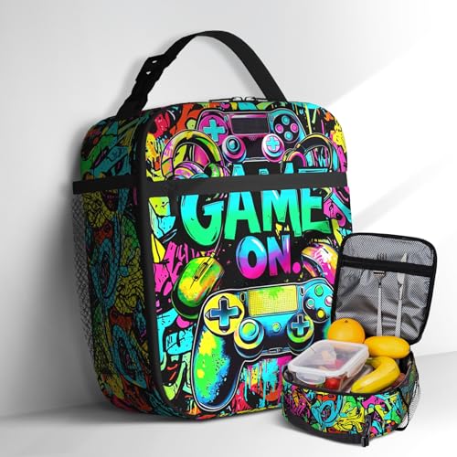 Nebrpio Video Game Lunch Box for Boys Insulated Gamepad Lunch Bag Reusable Cool Game Lunchbox Gaming LunchTote Bag With Adjustable Shoulder Strap For...