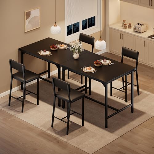 GarveeHome Dining Table Set for 2 W/Footrest & Backrest, Counter Height Table with 2 Upholstered Bar Chairs, Kitchen Table Set with Corner Protector, for Small Space, Black