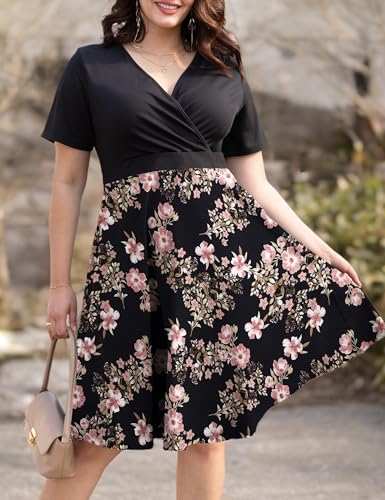 Image of Ahlaray Plus Size Faux Wrap Dress for Curvy Women with Pockets | Flattering faux wrap V-neck with soft stretch fabric and pockets for work, weddings and everyday comfort.