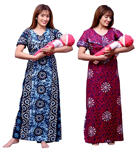 Image of Feeding Nighty in Fine Cotton 2 Side Zips for Feeding Purpose & Neck Buttons for Easy Wearing Soft Cotton Maternity Nighty for Women Feeding Combo Feeding Nighty for Women Cotton Combo of 2Pcs
