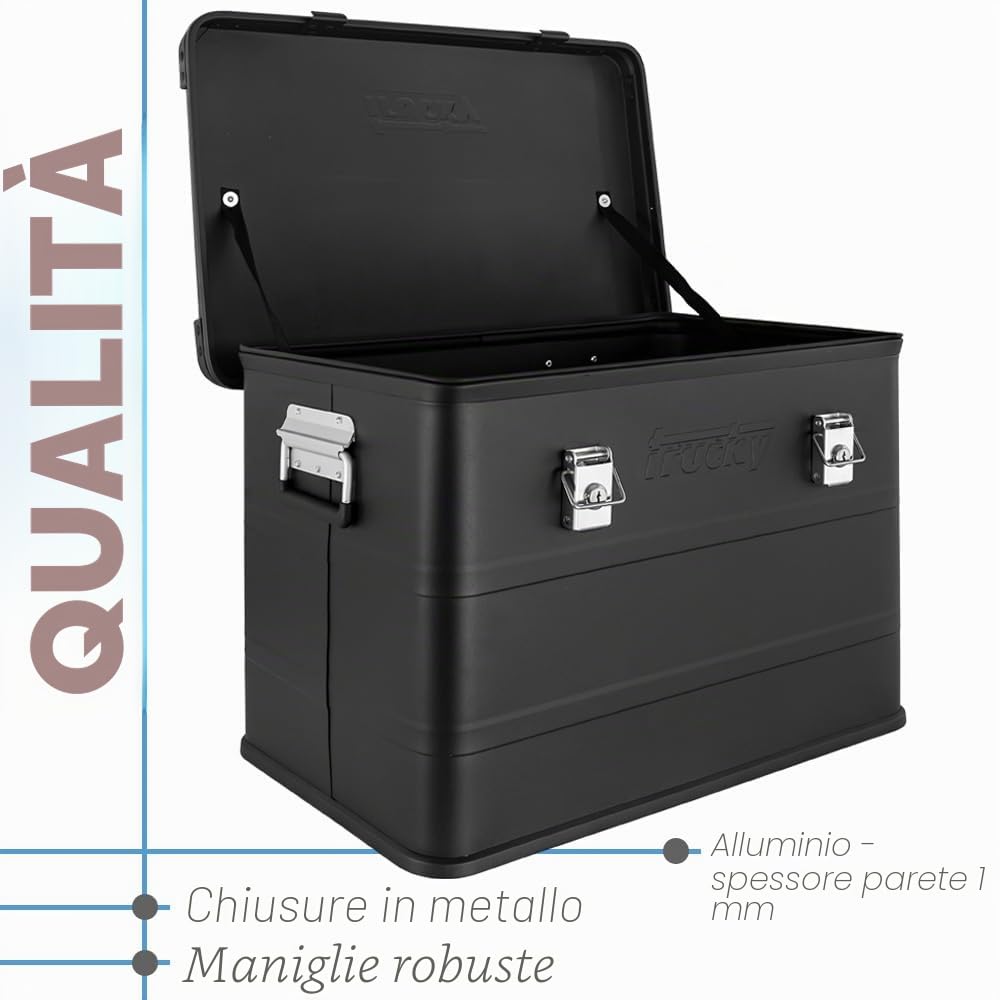 Trucky Scatola in alluminio con coperchio, in alluminio, per il trasporto, in metallo, richiudibile, dimensioni: 75 l, colore: nero