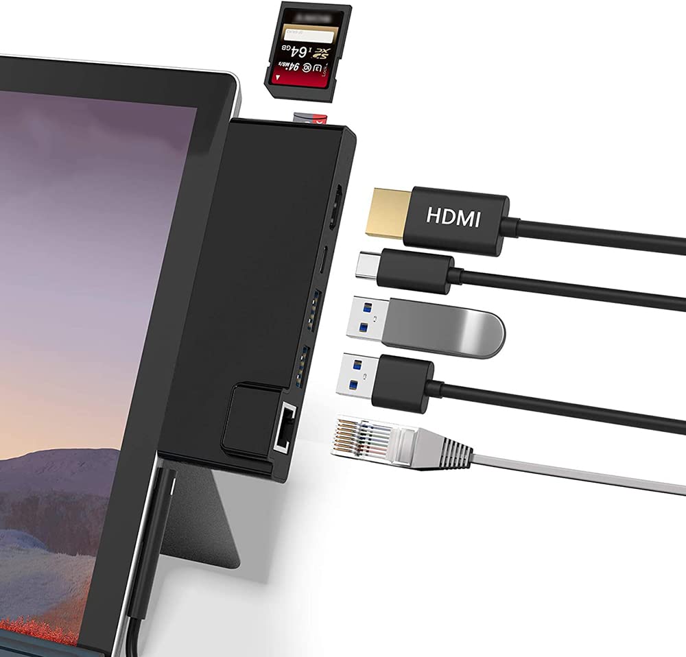 KASTWAVE Hub Docking Station with HDMI Adapter+1000M Gigabit Ethernet LAN+ USB C PD Charging +2 Port USB 3.0+SD/TF(Micro SD) Card Reader Converter Combo Adaptor for Microsoft Surface Pro 7